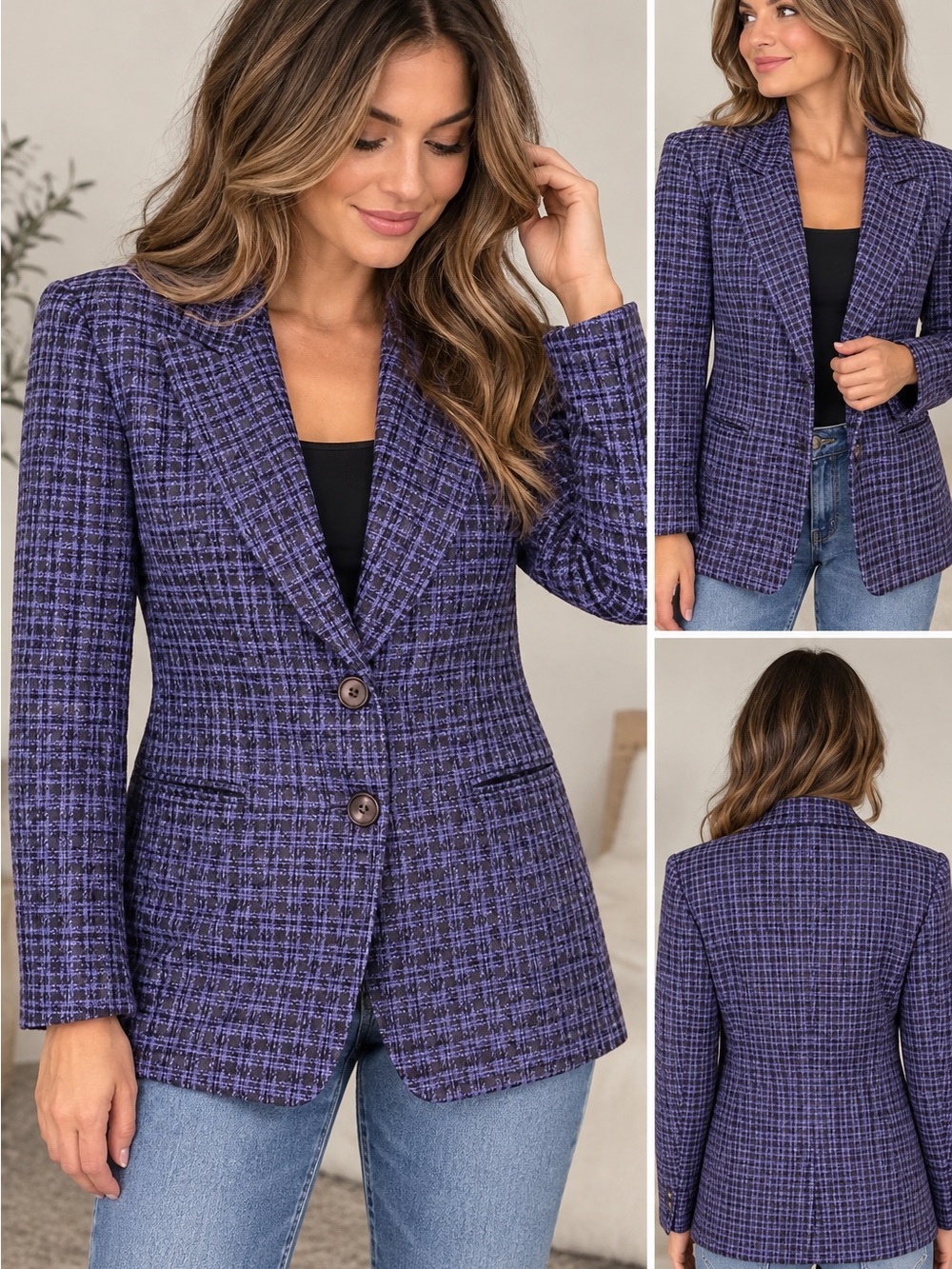 Vintage 1980 Women's Purple Plaid Tailored Blazer Jacket